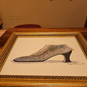 framed watercolor print of a Victorian style shoe signed Peggy Abrams